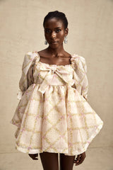 Lou check-pattern bowknot puffy mini dress