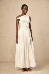 Eugenie white mono-shoulder shirred-panel maxi dress