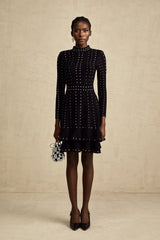 Fabienne black embellished ruffled knitted mini dress