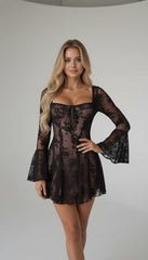 Black Lace Corset Bell Sleeve Mini Dress