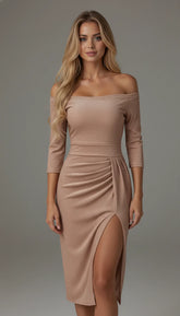 Elegant Off-Shoulder Shimmer Ruched High-Slit Midi Dress