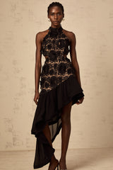 Bernadette black floral-appliqué asymmetric midi dress