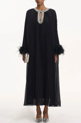 Manja Diamante Chiffon Feather Maxi Dress - Black