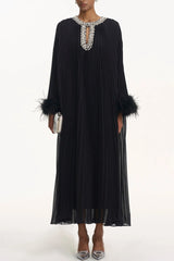 Manja Diamante Chiffon Feather Maxi Dress - Black