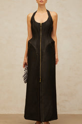 Adrienne black denim front-slit contrast-stitching maxi dress