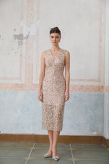 Marguerite embellished flower-motif fitted midi dress