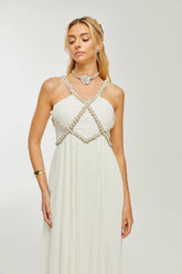 Hermine V-neck faux-pearl embellished midi dress