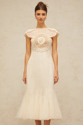 Bérengère white jacquard tulle-panel midi dress