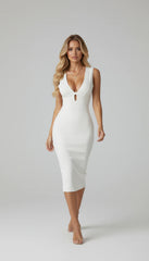 Elegant White Deep V-Neck Cutout Bodycon Midi Dress