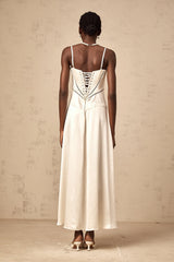 Claudia white flared satin maxi dress