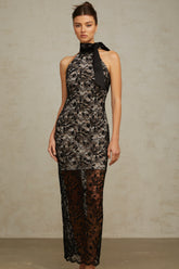 Coralie black floral-lace halterneck maxi dress
