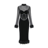 Jeanne feather-trim velvet midi dress