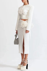 Maelie Bow Detail Satin Crop Blazer - White