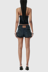 Chaeli Lace-layer Denim Shorts - Black