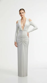 Ahagaga Deep V-Neck Long Party Dress – Folds, Long Sleeves, High Split