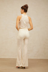 Magali cream-white ruffled-lace-trim jacquard top & trousers matching set
