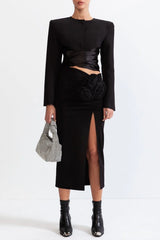 Maelie Bow Detail Satin Crop Blazer - Black