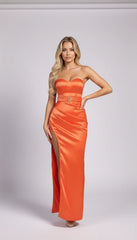 Glamorous Orange Satin Strapless High-Slit Corset Maxi Dress