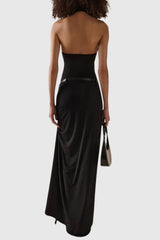Masha Halter Ruched Belted Split Maxi Dress