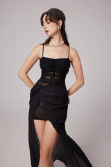 Guinevere black sheer asymmetric midi dress