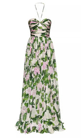 Floral Halterneck Maxi Dress In Green