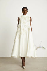 Émilie sleeveless floral-applique midi dress in White