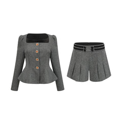 Agathe grey herringbone top & shorts matching set