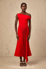 Laurine asymmetric draped midi dress in Red