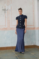Josette blue peplum-waist panelled maxi dress