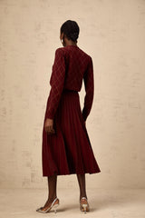 Laurine red embellished argyle intarsia knit cardigan & skirt matching set