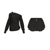 Andrea asymmetric tulle blouse & skirt matching set in Black