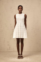 Esmée white ruffled sleeveless knit mini dress