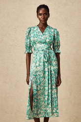 Alisa green floral-print high-slit midi dress