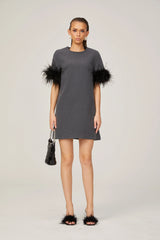 Eulalie grey feather-trim A-line mini dress