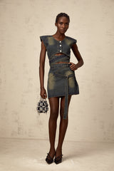Fanny blue cross-over denim top & skirt matching set