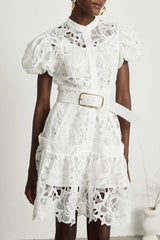 Calista Lace-embroidered Belted Mini Dress