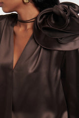 Daiki Satin Flower Appliqué Blouse