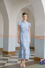 Aurore blue floral-appliqué lace midi dress
