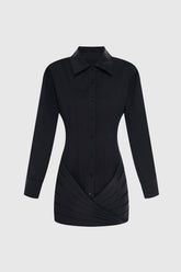 Kretska Cinched-waist Pleated Mini Shirt Dress -Black