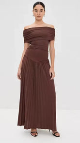 Catherine asymmetric pleated maxi dress in Brown
