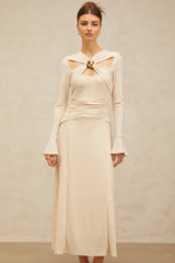 Capucine neutrals cross-over embellished midi dress