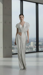 Maison Celie- Irregular Hollow Dress Women Ruched Diagonal Collar Shorts Sleeve