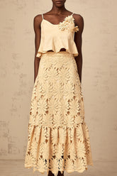 Céline khaki cut-out flared top & skirt matching set