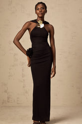 Axelle black floral-appliqué hooded maxi dress