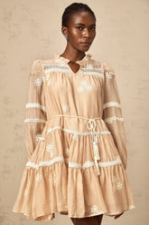 Margaux neutrals flower-embroidery tiered mini dress