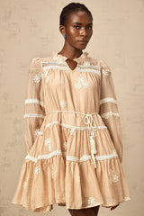 Margaux neutrals flower-embroidery tiered mini dress