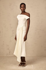 Laurine asymmetric draped midi dress in White