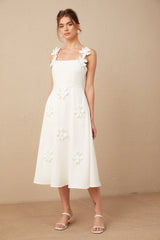 Ariane white faux-flower square-neck midi dress