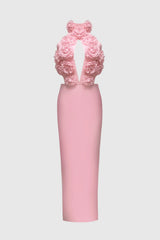 Datherine Floral Appliqué Halter Maxi Bandage Dress - Pink