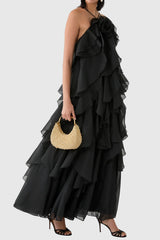 Caysie Halter Floral Ruffle Layered Maxi Dress - Black